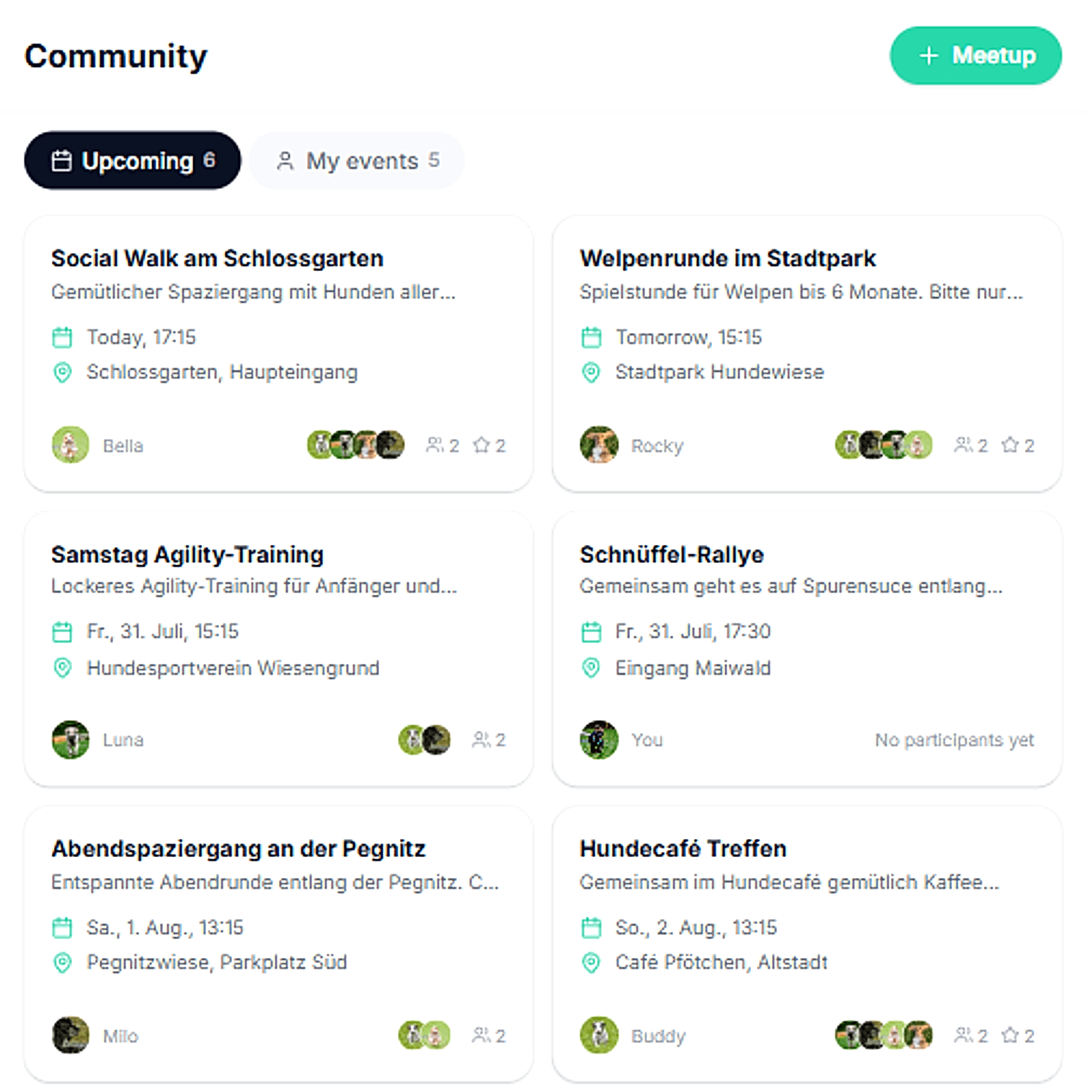 BuddySpot Community mit bevorstehenden Meetups