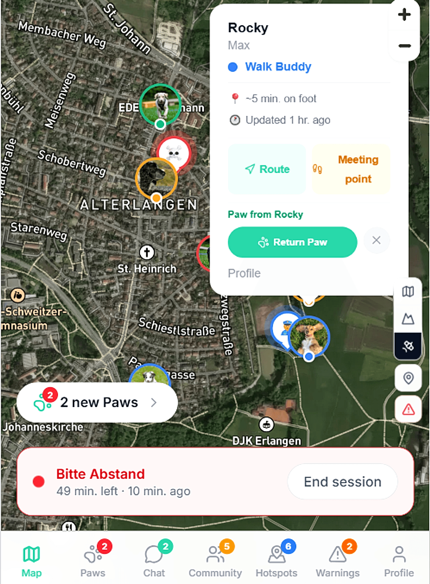 BuddySpot: Buddy-Karte mit Route und Treffpunkt