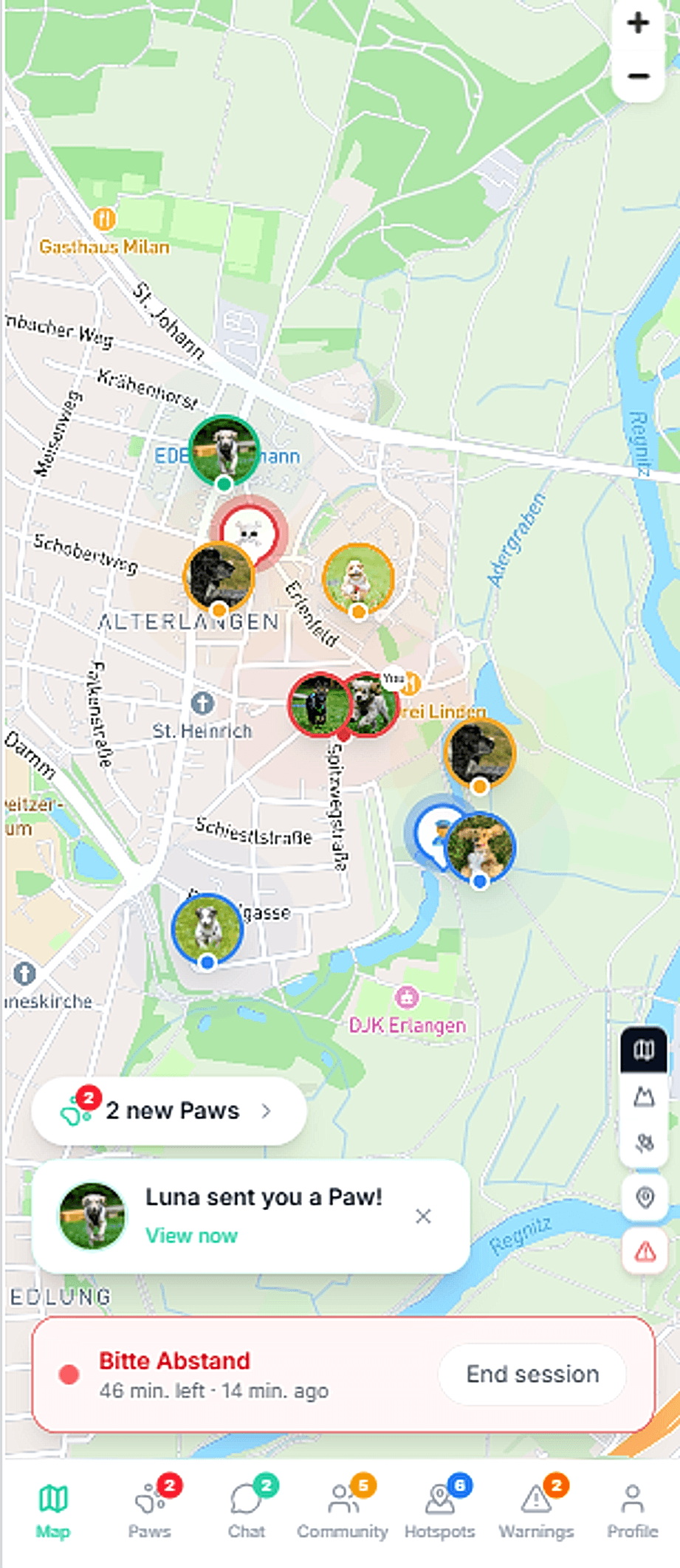 BuddySpot Live-Karte mit Hunden in der Nähe und aktiver Session