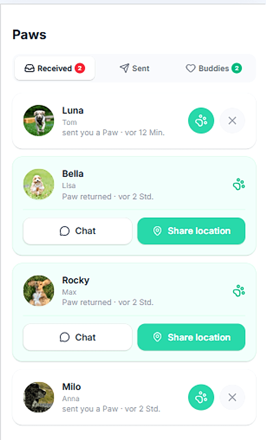 BuddySpot Paws: erhaltene Anfragen und Matches