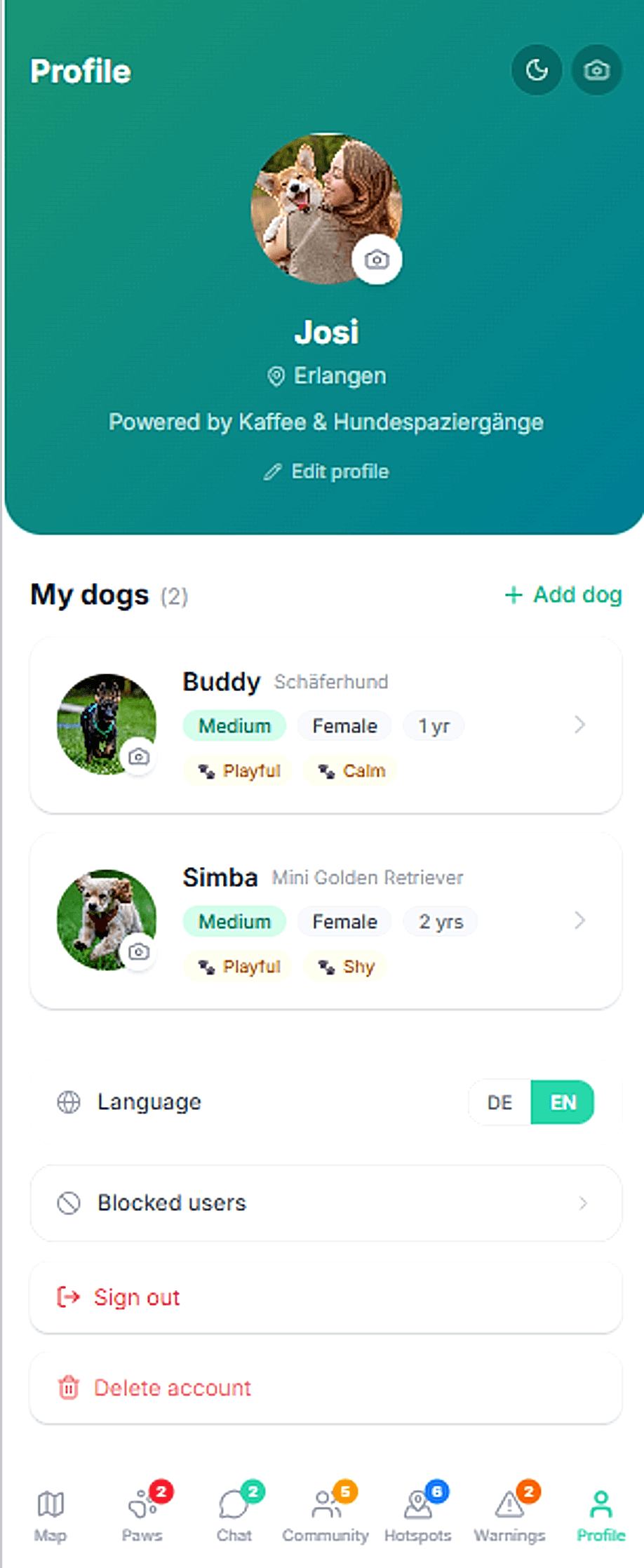 BuddySpot Profil mit Hunden