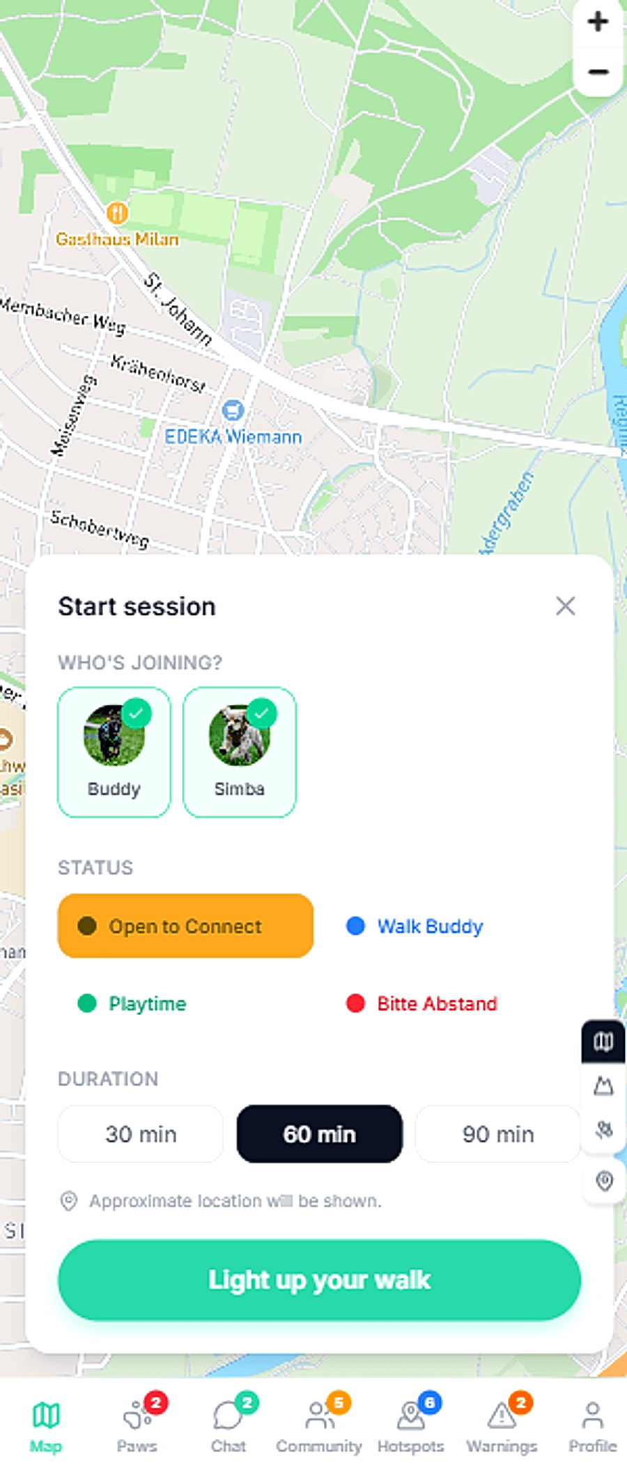 BuddySpot: Session starten mit Status und Dauer